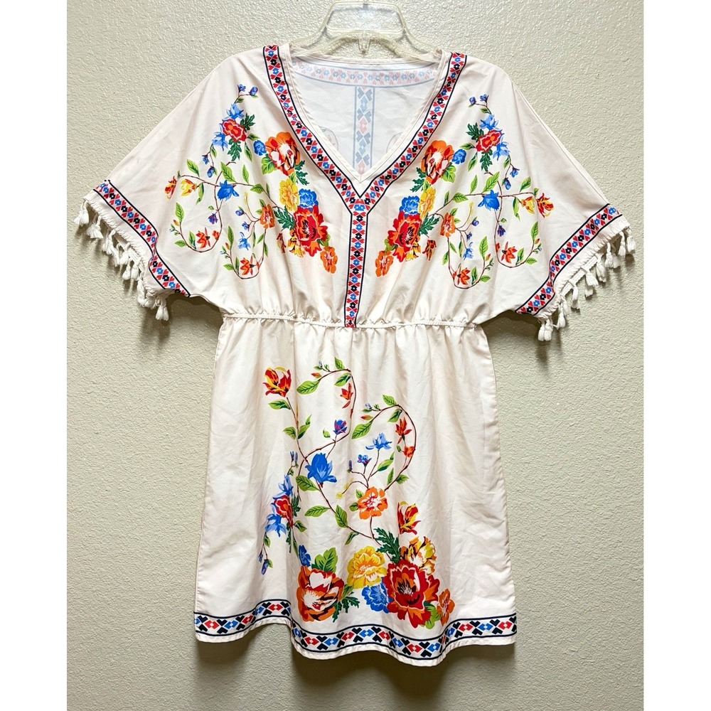 SHEIN Woven Polyester White Multicolor Floral V-Neck Tassel Kaftan Dress XL